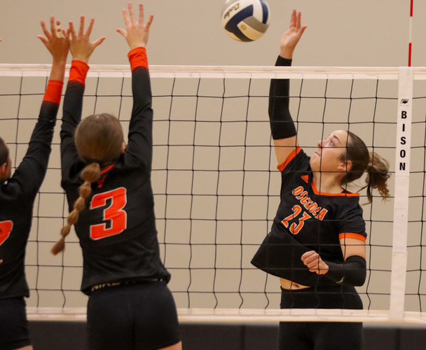 Osceola junior Bella Recker (23) looks for the attack winner against the frontline defense of the Dorchester Longhorns in Tuesday nights game. PCN photo by Blaine Winslow.