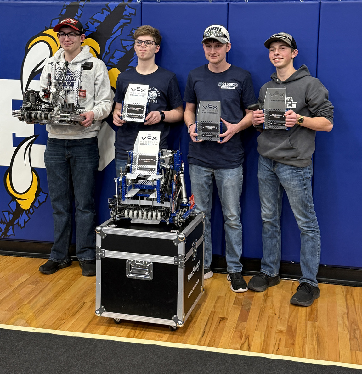 Teams 5155 T(consisting of Colton Duncan [left] and Matthew Frazier [right]) and 5155E (consisting of Samuel Haug and Marshall Johansen, middle) placed second in the tournament on Saturday. Team E also won the skills champion award and the excellence award. PCN photo by Alan Sparrow.