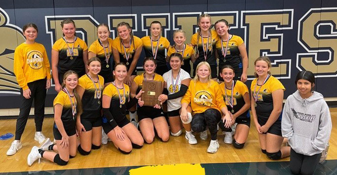 The Shelby-Rising City junior high volleyball team won the CRC game against Meridian in three sets: 18-25, 25-20 and 15-11. Congrats to the junior high conference champs! Photo provided.