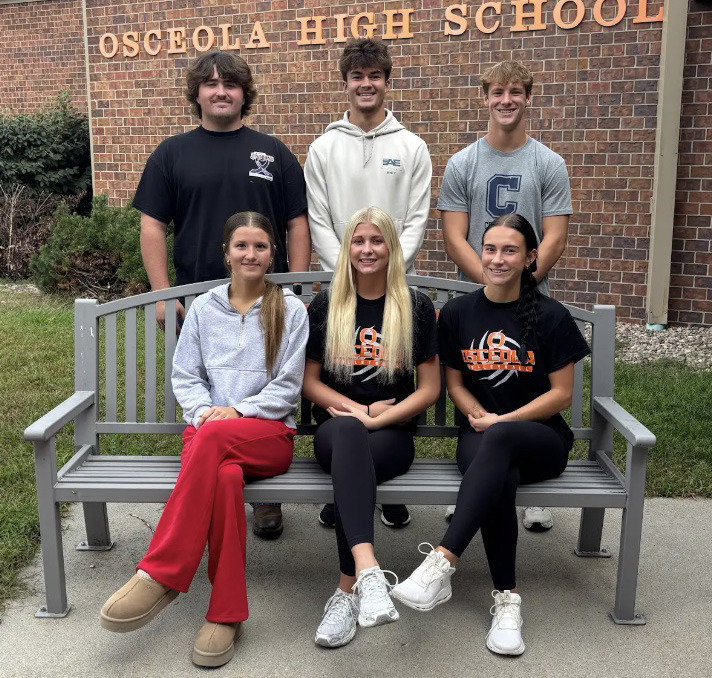 Osceola High School Homecoming 2026 Candidates- Back row, Cooper Yungdahl, Jackson Winslow, Brycen Kula. Front row- Halle Gabel, Kenzie Bartling, Alexis Burritt. Homecoming will be held on Friday, October 2. Photo was provided.