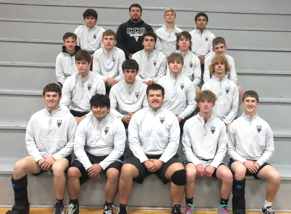 Members of the Cross County/Osceola Boys Wrestling team include; Front row: (L-R)- Jed Berggren, Joaquin Alvarez, Brenden Gabel, Brayden Nuttelman, Bode Berggren. Second row - Paxton Burke, Milo Gehring, Harper Michalak, Brody Walker. Third row- Karston Dotson-Monroe, Bridger Johnson, Derek Georges, Emmitt Lonsdale, Billy Carnes. Top row: Leland Rice, Coach Dylan Kaup, Hunter Baumert, Calob Troy. PCN photo by Ken Kush.