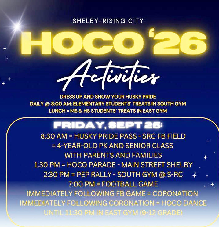 Friday September 25th will be a busy day in Shelby as the Huskies will celebrate HOCO ‘26 starting at 8:30 a.m. Photo was provided.
