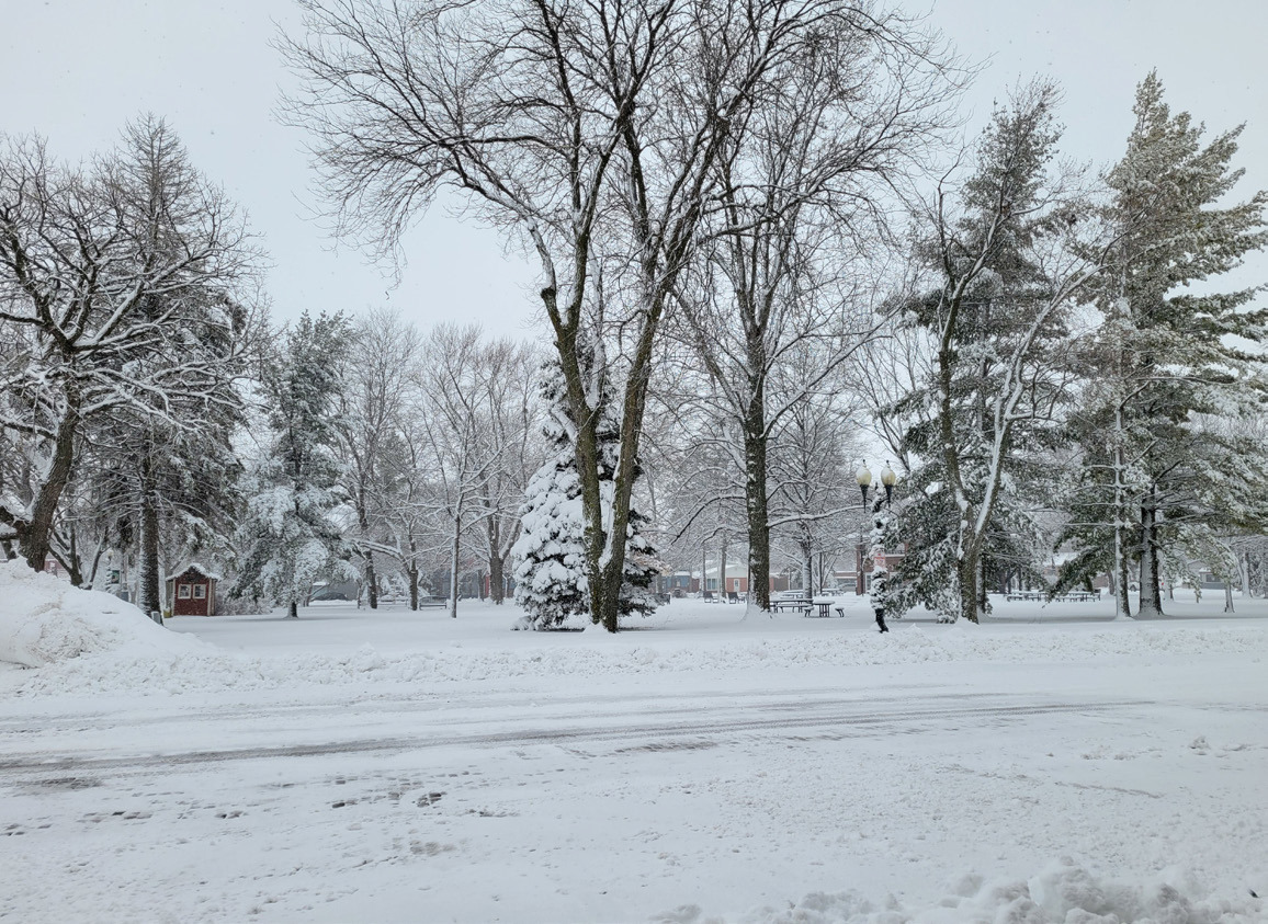The square looks pretty with snow on the trees after Stromsburg received about six inches on Monday. More fell Monday night. PCN photo by Beth Sparrow.