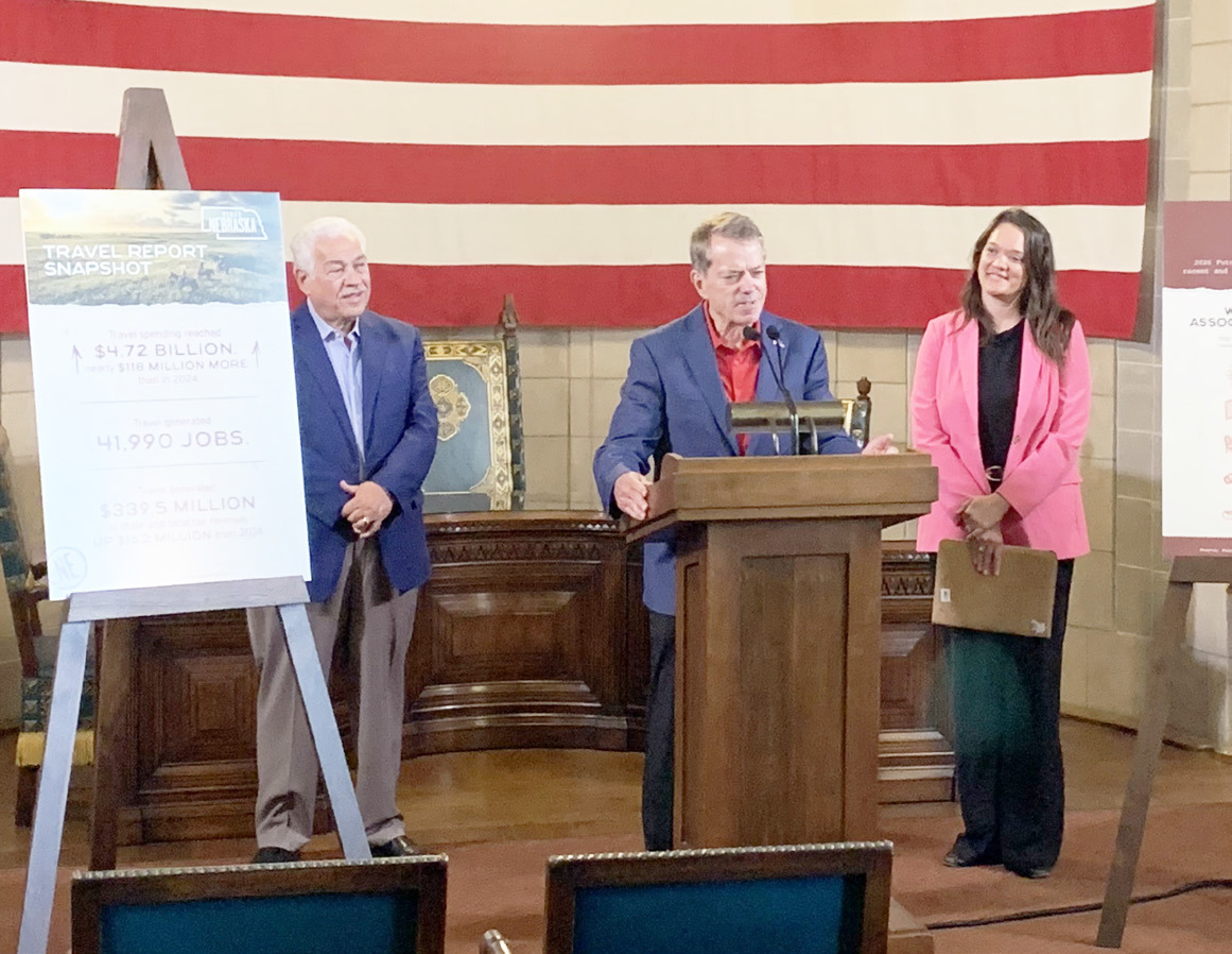 Gov. Pillen speaks at news conference highlighting new tourism data for Nebraska. Photo was provided.