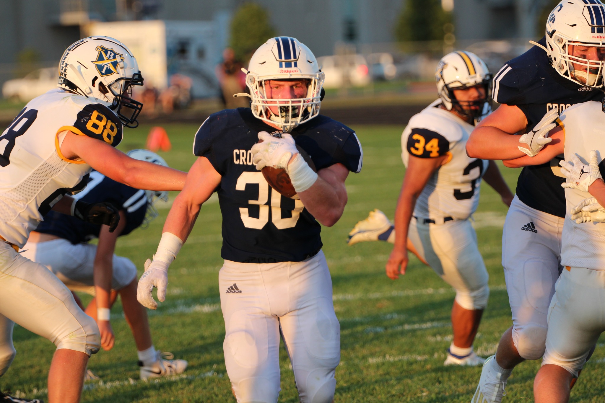 Izaac Dickey carried the ball five times for 92 yards and two touchdowns for No. 2 Cross County. He finished with four tackles on defense. PCN photo by Travis Lane