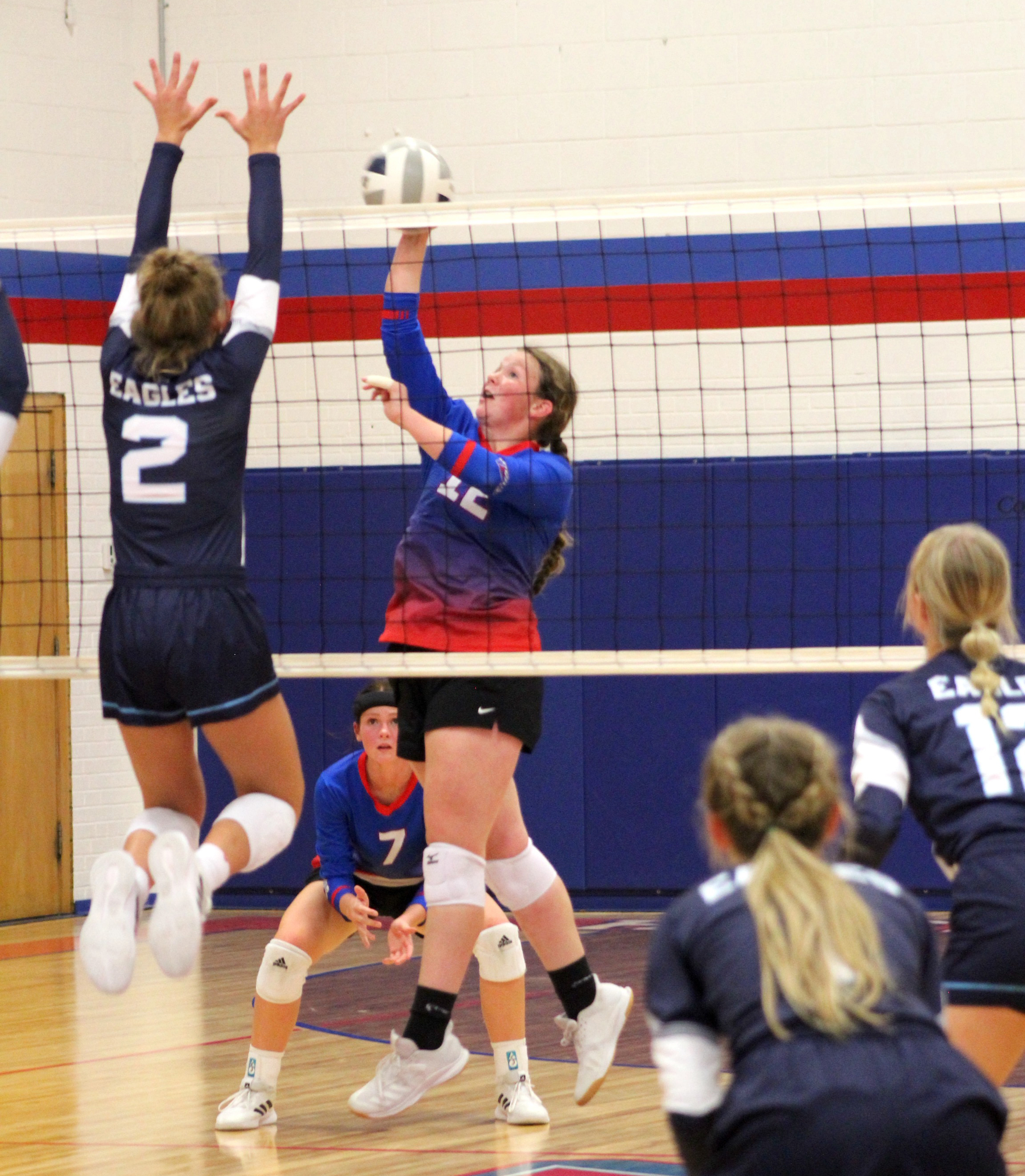 Allie Howell tries to tip the ball over the Eagles blocker. Photo provided by Stephanie Carlson