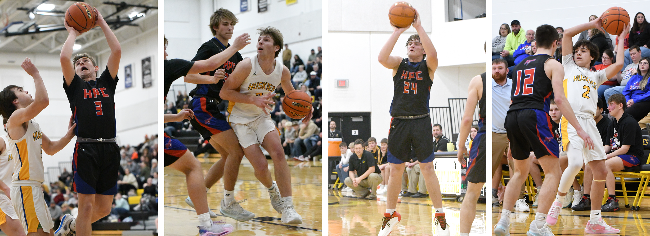 LEFT: Carson Swedenburg (HPC) goes up for a basket while Blake Schmidt (SRC) defends. MIDDLE LEFT: Dalton Pokorney (SRC) makes a move to the post on his way to 2 of his 25 points. MIDDLE RIGHT: Ayden Hans hit the buzzer-beater to give the Storm the win. RIGHT: Noah Thelen looks to find an open teammate. PCN photos by Rick Holtz