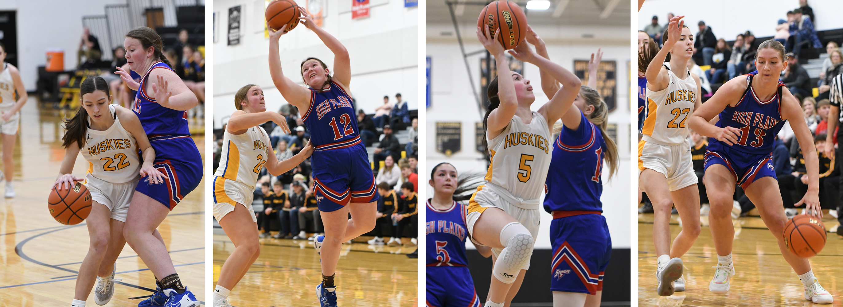 LEFT: Leah Whitmore (SRC) dribbles around Allie Howell (HPC). MIDDLE LEFT: Allie Howell finished with 5 points for the Storm. MIDDLE RIGHT: Kaleigh Ruth goes up for 2 of her 5 points. RIGHT: Courtney Carlstrom dribbles around the Husky defense. PCN photos by Rick Holtz