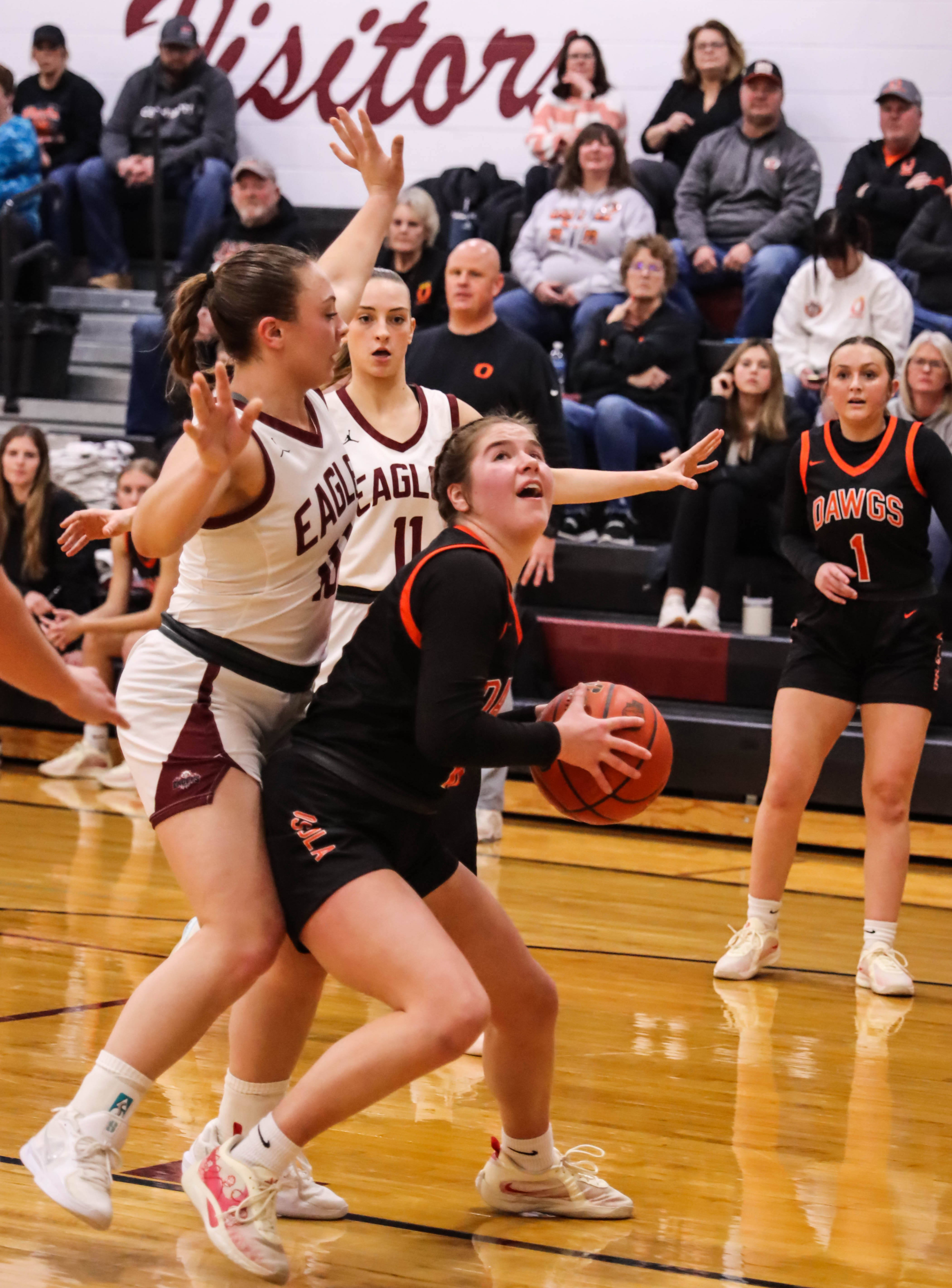 Addison Theis looks to shoot while two Eagle defenders surround her. Emersyn Prososki looks on for a pass. PCN photo by Blaine Winslow. 
