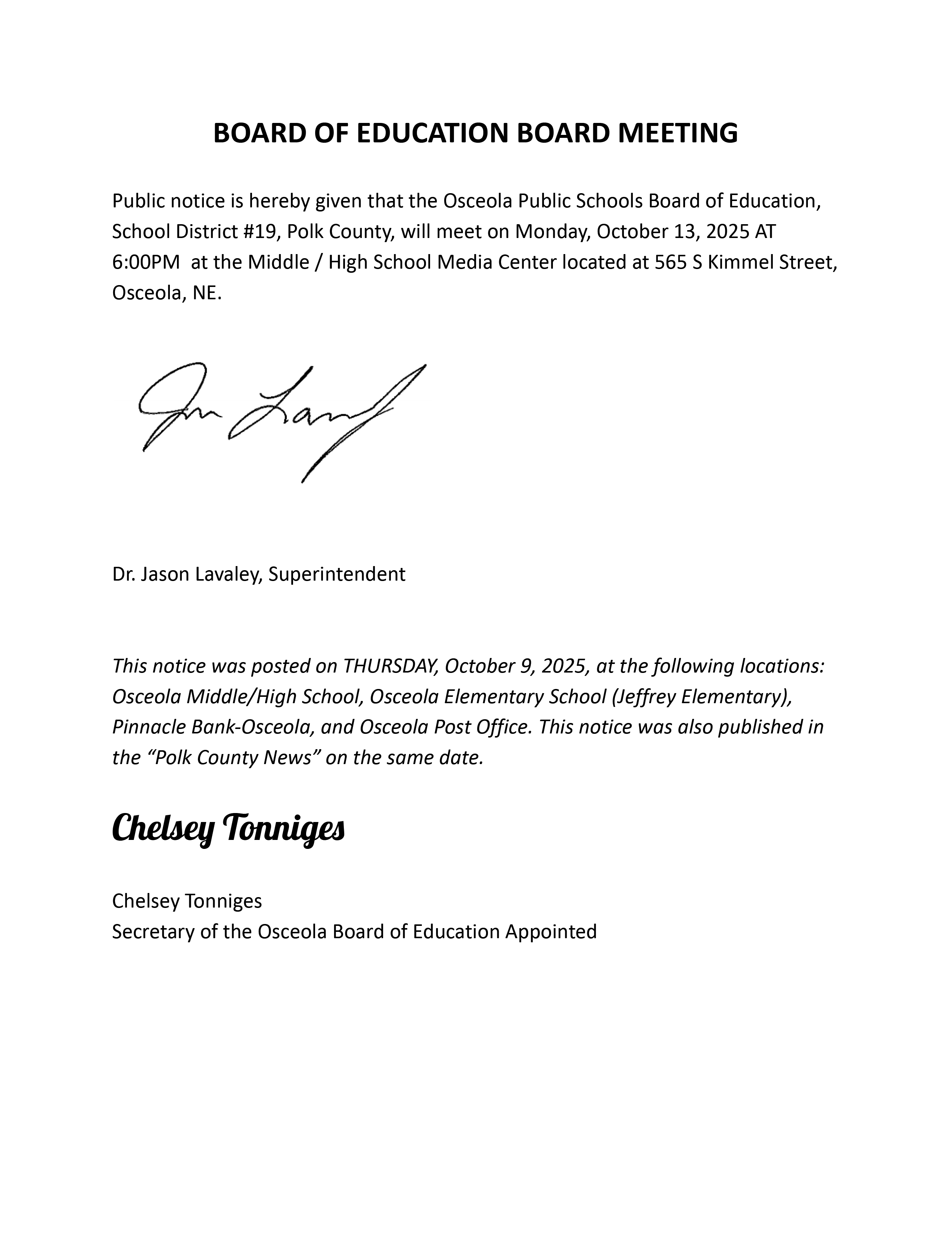 Osceola Public Schools Meeting Notice