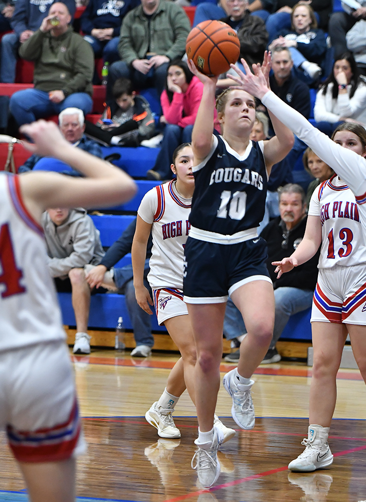 Cross County sophomore Olive Peterson eyes the basket on her way to a game-high 19 points in the teams win over High Plains this past Saturday. PCN photo by Rick Holtz