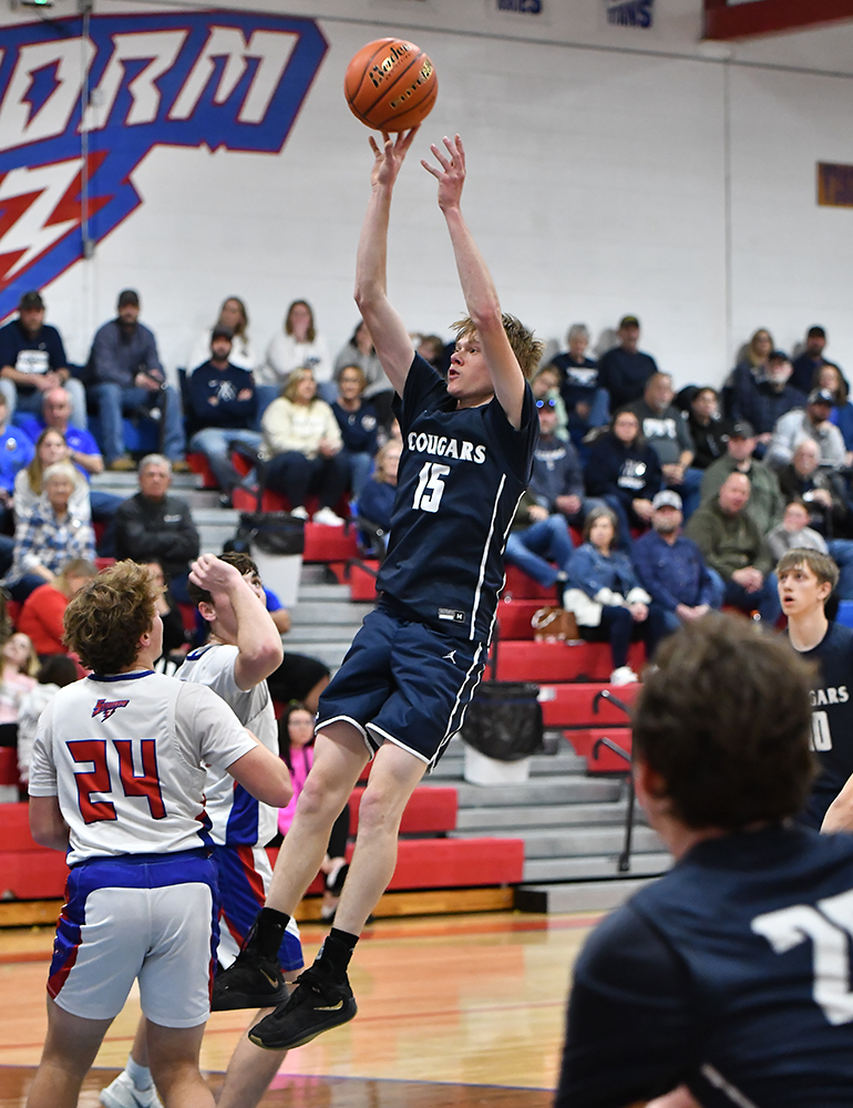Sawyer Anderson puts up the jumper in the win over High Plains on Saturday. PCN photo by Rick Holtz.