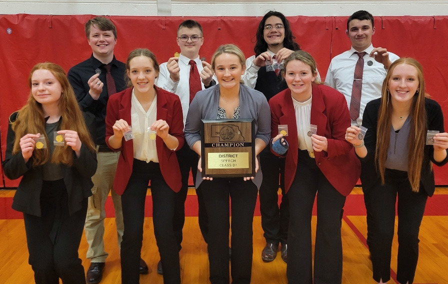The High Plains Speech Team win the D1-4 Speech District on March 8. All nine team members have qualified for the State competition. High Plains School photo