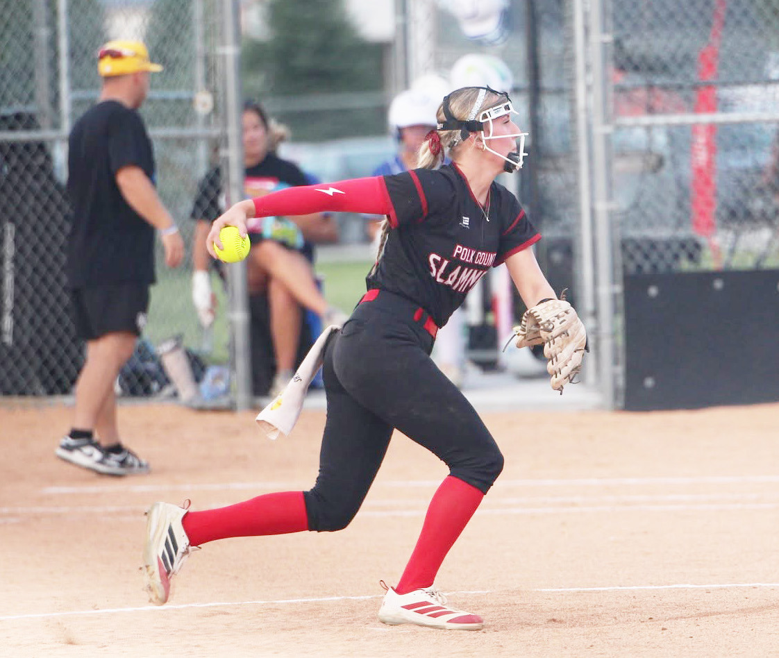 Polk County/Aquinas pitcher Faith Samek went 4-0 this past week on the mound for the Slammers. She also went 9-13 at the plate, and drove in eight runs. PCN photos by Travis Lane