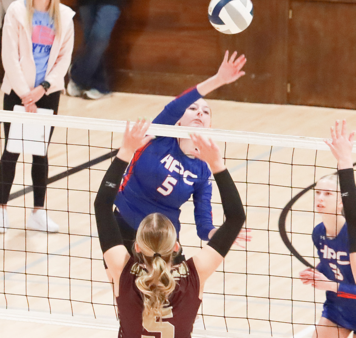 High Plains sophomore Brooklynn Welch (5) scores the kill over the East Butler defense in opening round action of the CRC in York. PCN photo by Ken Kush.