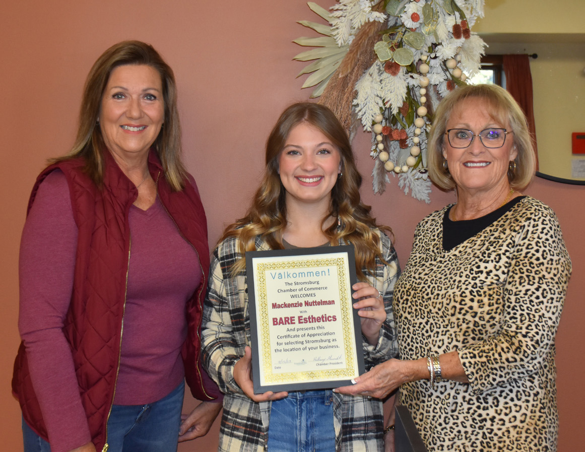 The chamber has been busy welcoming businesses. Last was Bare Esthetics by Mackenzie Nuttelman. Pictured are chamber ambassadors Sherry Oberg and Cinda Koinzan with Nuttelman (center). PCN photo by Beth Sparrow.