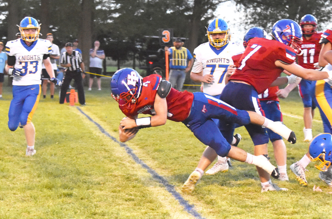 High Plains senior Aaron Brown keeps his feet long enough to dive over the goal line for six points in the Storm’s 62-0 win over Nebraska Lutheran this past Friday night. PCN photo by Beth Sparrow.