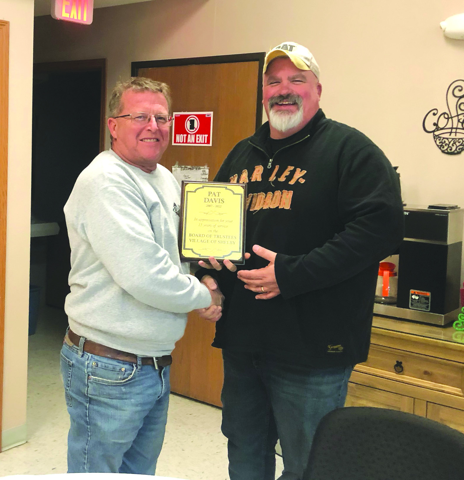 Pat Davis was recognized for 15 years of service to the Village of Shelby on the Village board. Pat started on the Village Board in January 2007. Throughout those years there have many accomplishments achieved (New Water Tower, New Water Treatment Center, New Water Meters, Ball Park &amp; Park Improvement, Streets Paved and many more). The Village of Shelby would like to thank Pat for his many years of Service! Photo provided by Deanna Perry