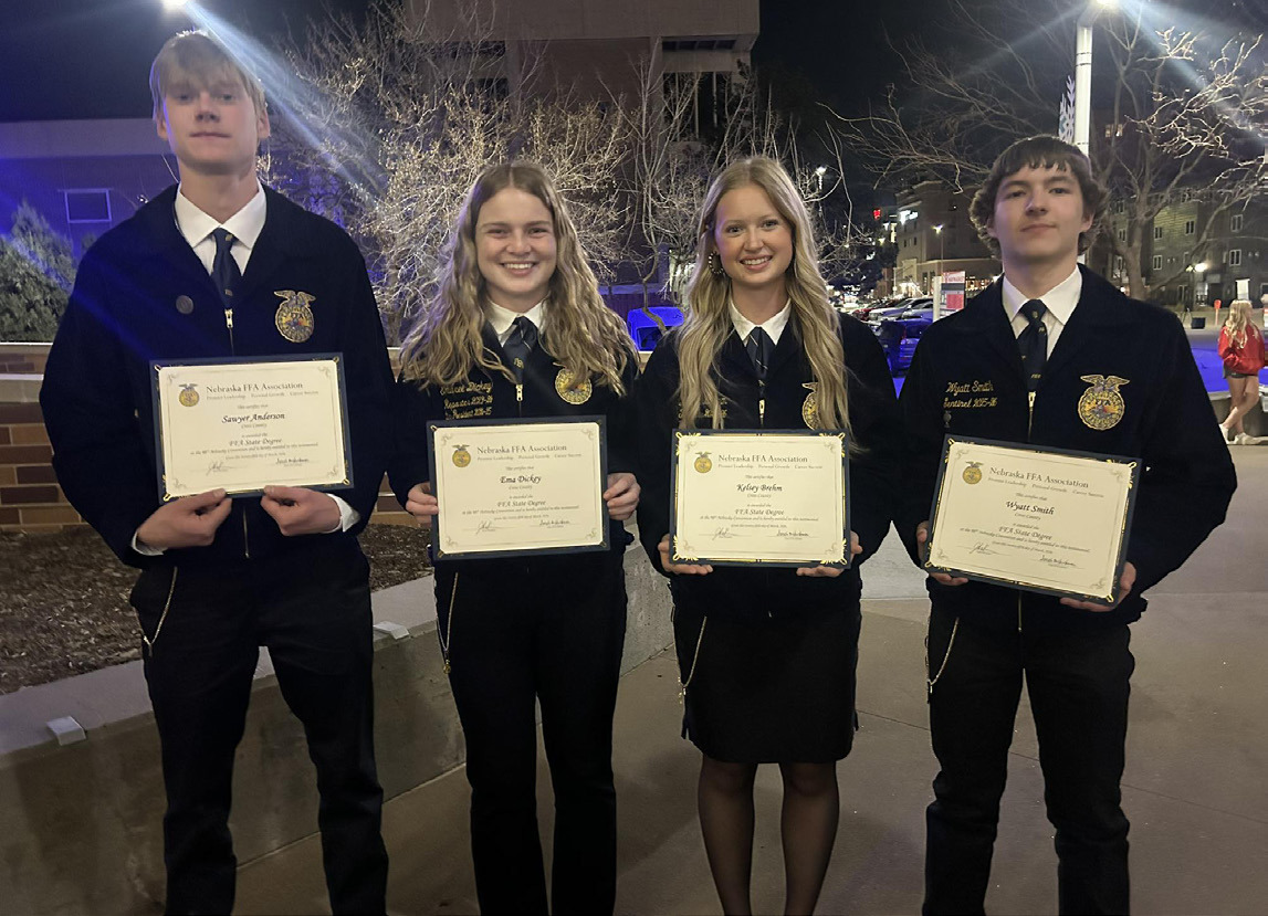 Above: Students received their State FFA degrees at State FFA convention in Lincoln last Wednesday through Friday. Below is Cross County: Sawyer Anderson, Ema Dickey, Kelsey Brehm and Wyatt Smith. Photos provided. Photos were not available for High Plains.