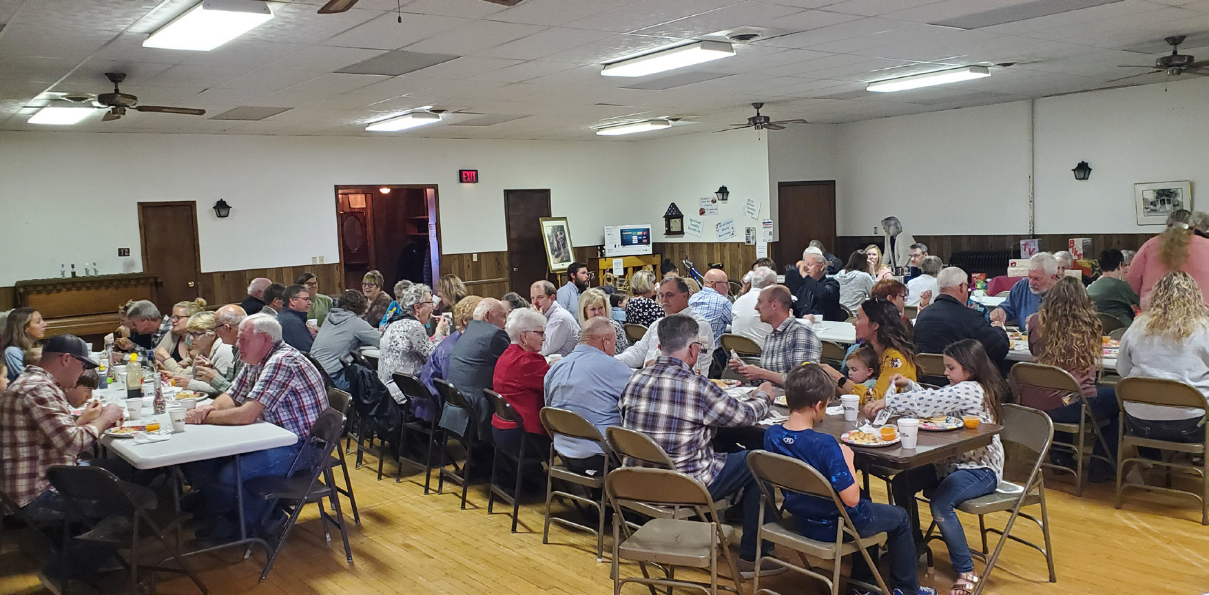 A gathering of 150 attended the “Save the Bandstand” fundraiser in Polk on Sunday, April 23. A lunch of pancakes, sausage and fruit was enjoyed by the attendees followed by drawings for raffle items. Generous monetary donations boosted funds for the restoration of the 102-year old Main Street landmark. Photo provided.
