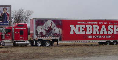 Above: Selden Trucking has been awarded the opportunity to pull the equipment to the away games for the Husker Football team since 1996. Here is one of the Husker trucks. Sometimes you can see one parked in Shelby. Photo courtesy of Selden Trucking.