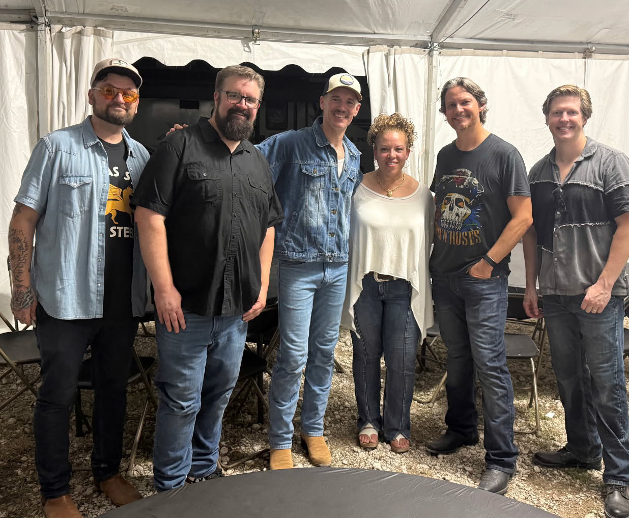 Lisa Shoup of Stromsburg (3rd from left) with Praise and Harmony, went backstage at the Nebraska State Fair and met members of Home Free. Pictured are Adam Rupp, Rob Lundquist, Adam Chance, Shoup, Tim Foust and Adam Bell-Bastien. She is friends with Tim Foust due to her singing with the national group Praise and Harmony. Photo provided.