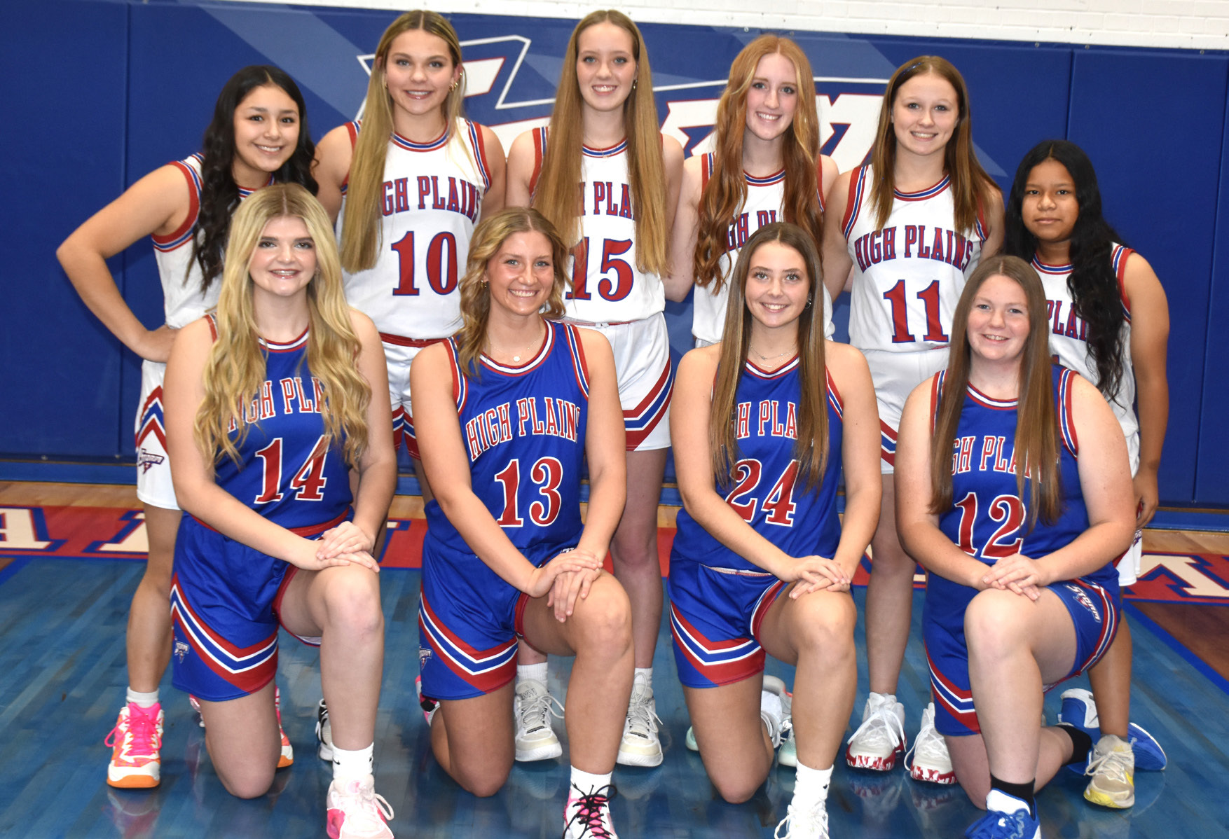 2024-25 High Plains girls basketball team: (front) Emma Brown, Courtney Carlstrom, Rylee Ackerson, Allie Howell (back) Gahvi Lesiak, HallieJo Urkoski, Rylee Hofmann, Peyton Hofmann, McCadden Turner and Dulce Ramirez-Catalan. PCN photo by Beth Sparrow.