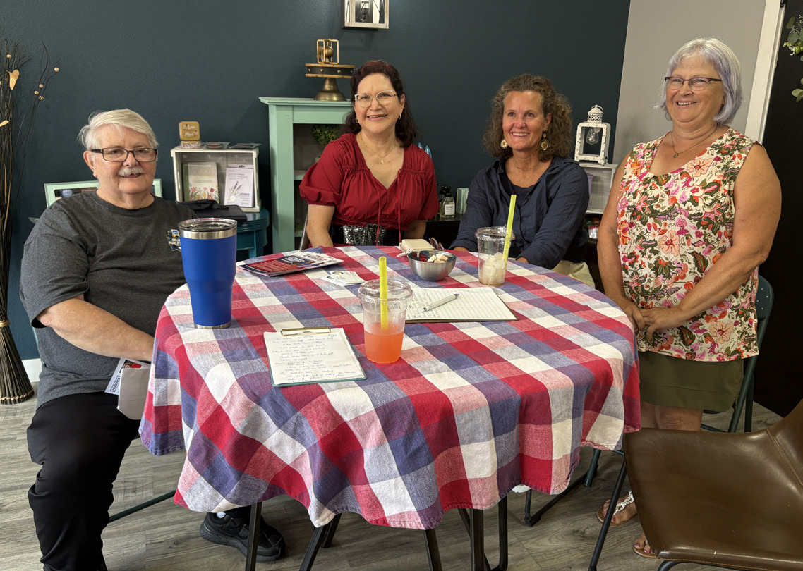 Above: State Senator Jana Hughes held “coffee and conversation” on Wednesday (July 15th) in Osceola (morning) and Shelby (afternoon, pictured).Here she visits with Shelby residents George Thelen, Maru Whitmore and Deb Schmid. PCN photo by Beth Sparrow.