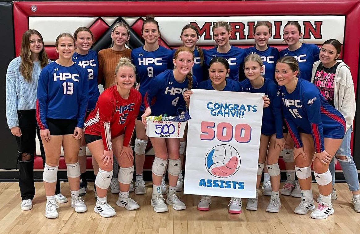 Gahvi Lesiak, sophomore setter at High Plains, recorded her 500th assist at their last game against Meridian last Tuesday evening. High Plains volleyball ended their season with a 15-16 record. Photo provided.