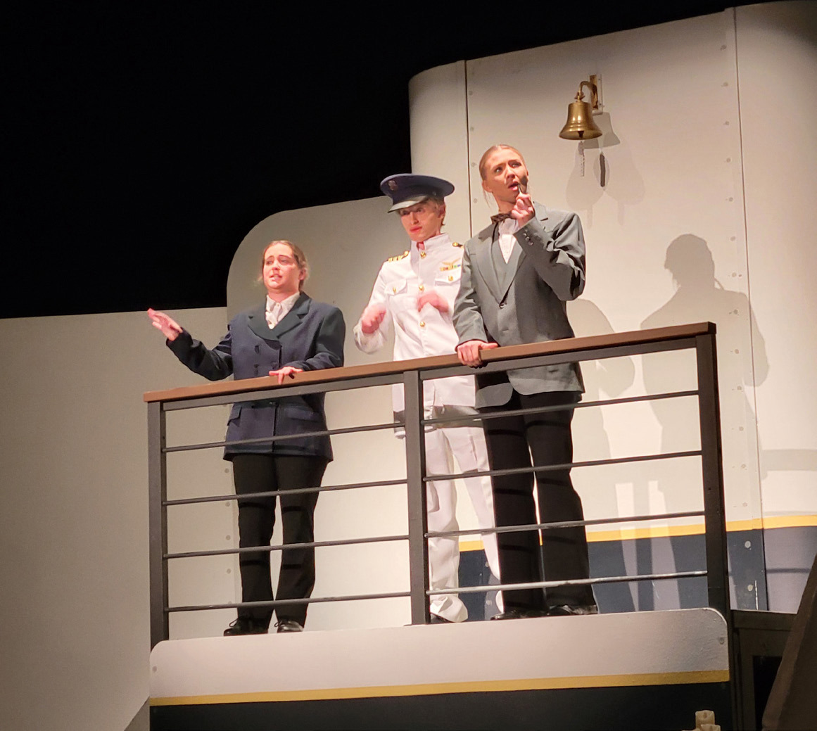 Cross County One-Act gave their public performance of “Voices from the Titanic” last Tuesday. They placed third at districts. Pictured above is Libby Rutherford, Mason Lindburg and Ella Pinkelman, and below Ava Cramer, Makayla Quilhot and Emily Johansen with Tommie Rediger as the waiter. PCN photos by Beth Sparrow.