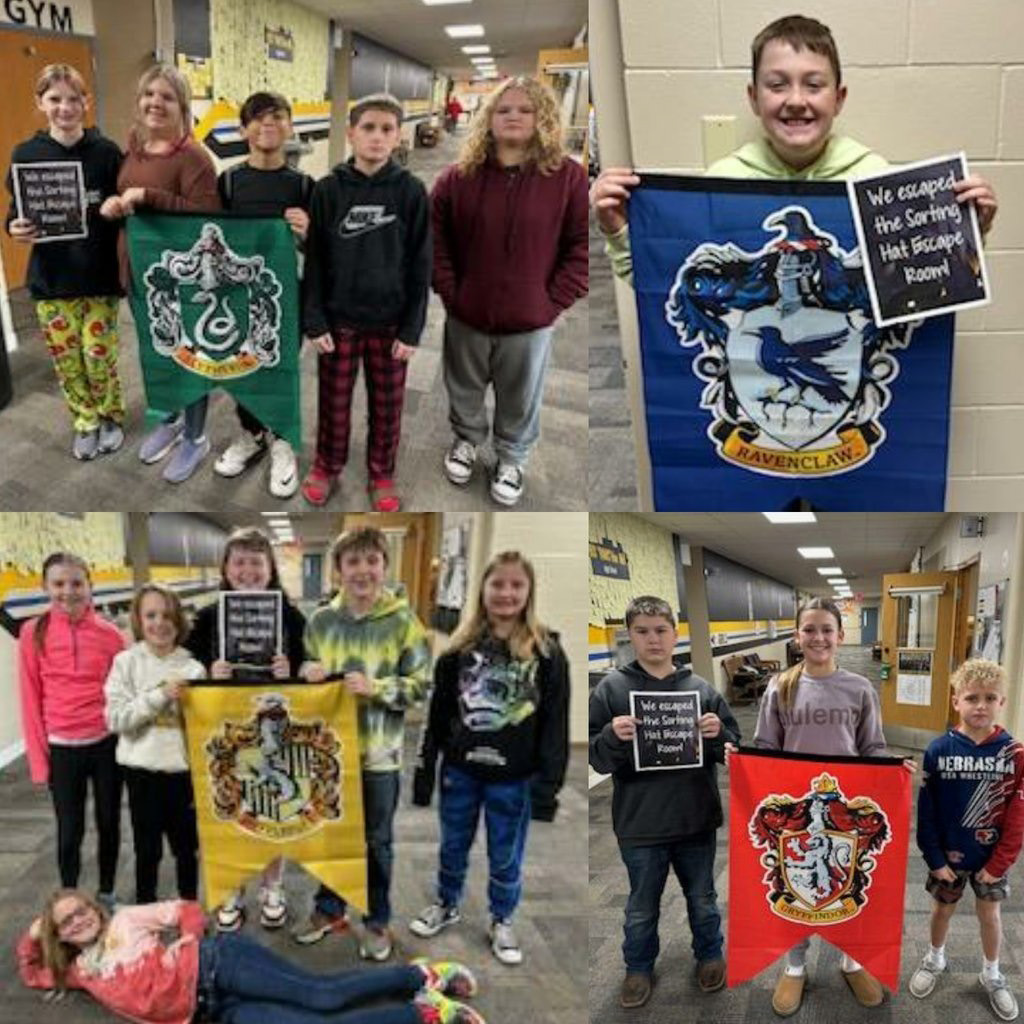 Period 1 sixth-grade English students participated in an escape room. Each House had to work together to break out, and all Houses were successful. 20 points to all Houses! Well done!. Photos provided.