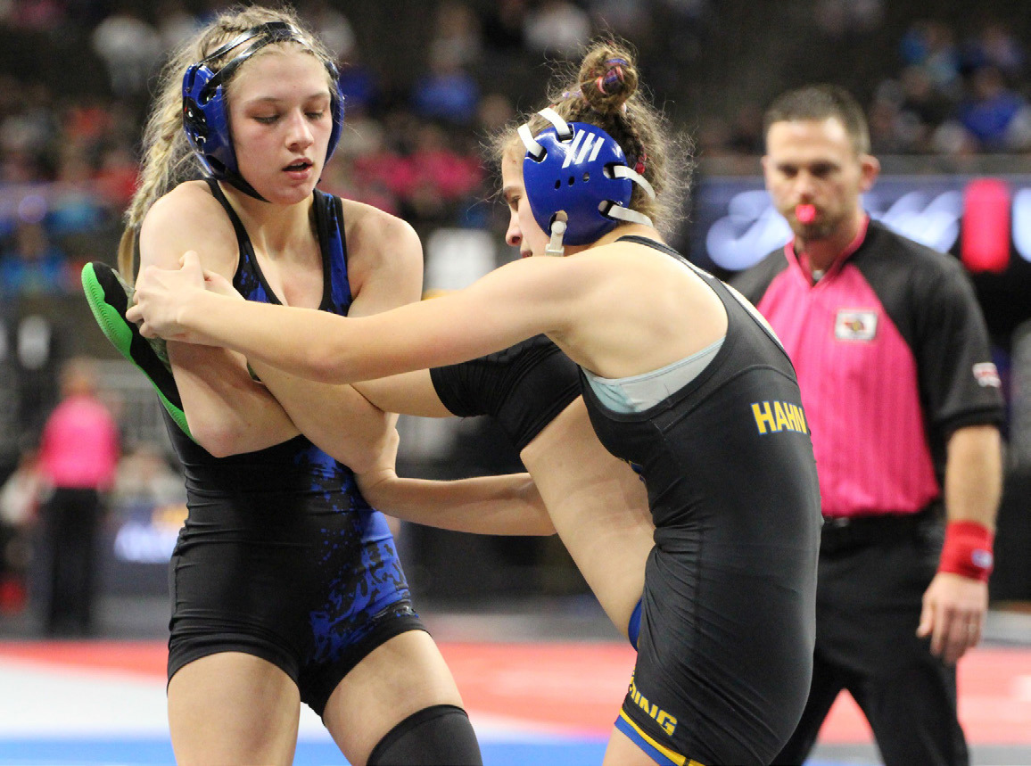 Blue River senior Danica Watts controls Gering’s Amber Hahn in the match to secure her first state medal. Watts went on to a sixth place medal at 115 pounds. PCN photo by Travis Lane.