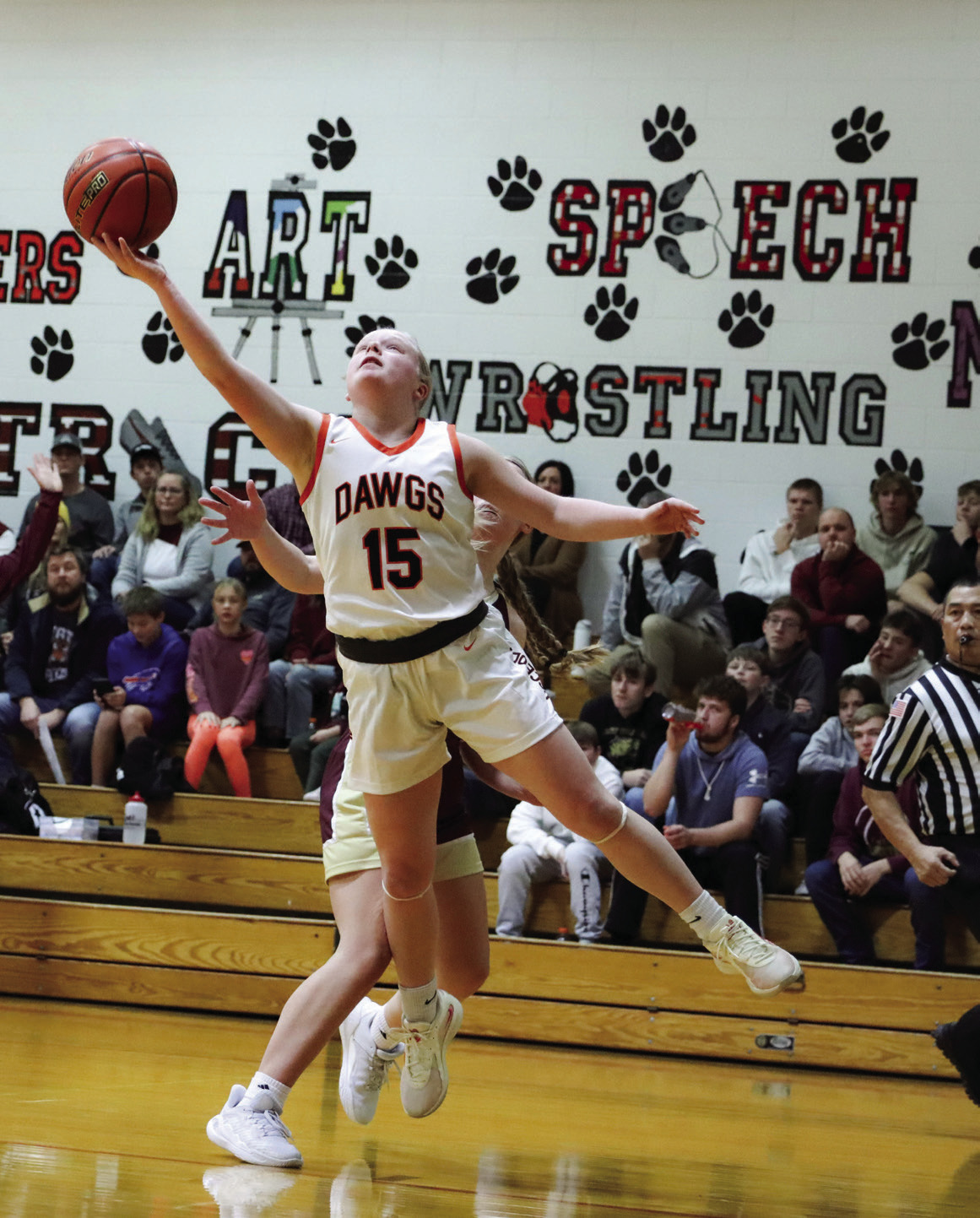 Janna Roberts doing an “Air Jordan” move for the layup. PCN photo by Blaine Winslow.