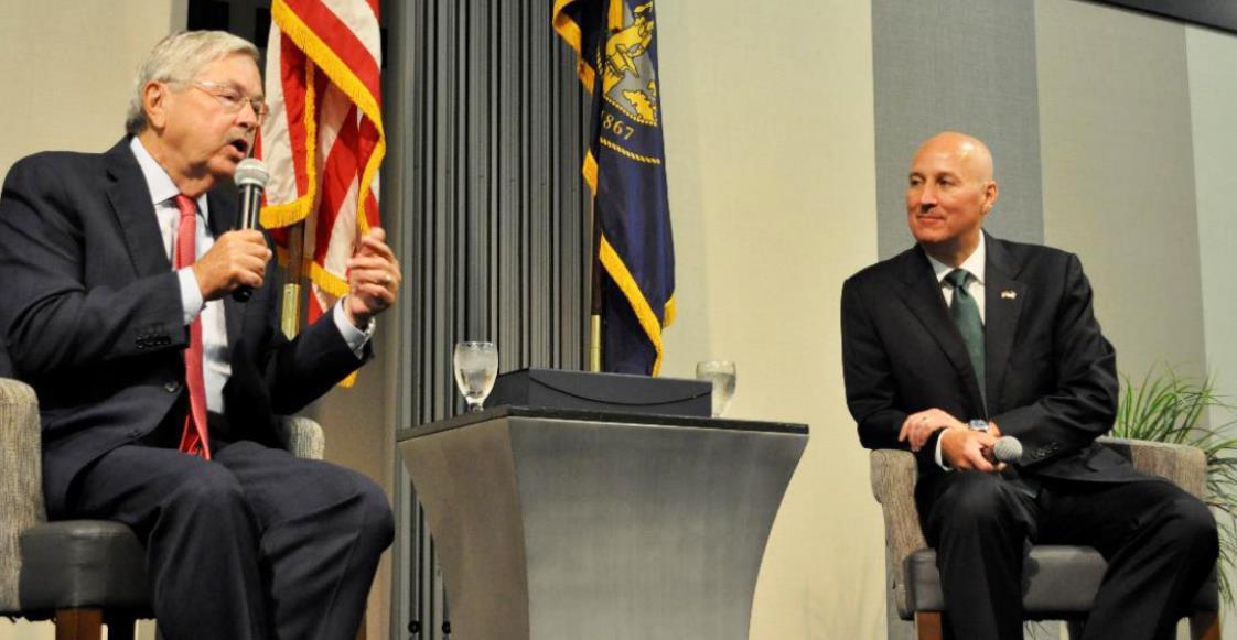 Gov. Ricketts (right) interviews former Iowa Governor &amp; U.S. Ambassador to China Terry Branstad during the 2021 summit.