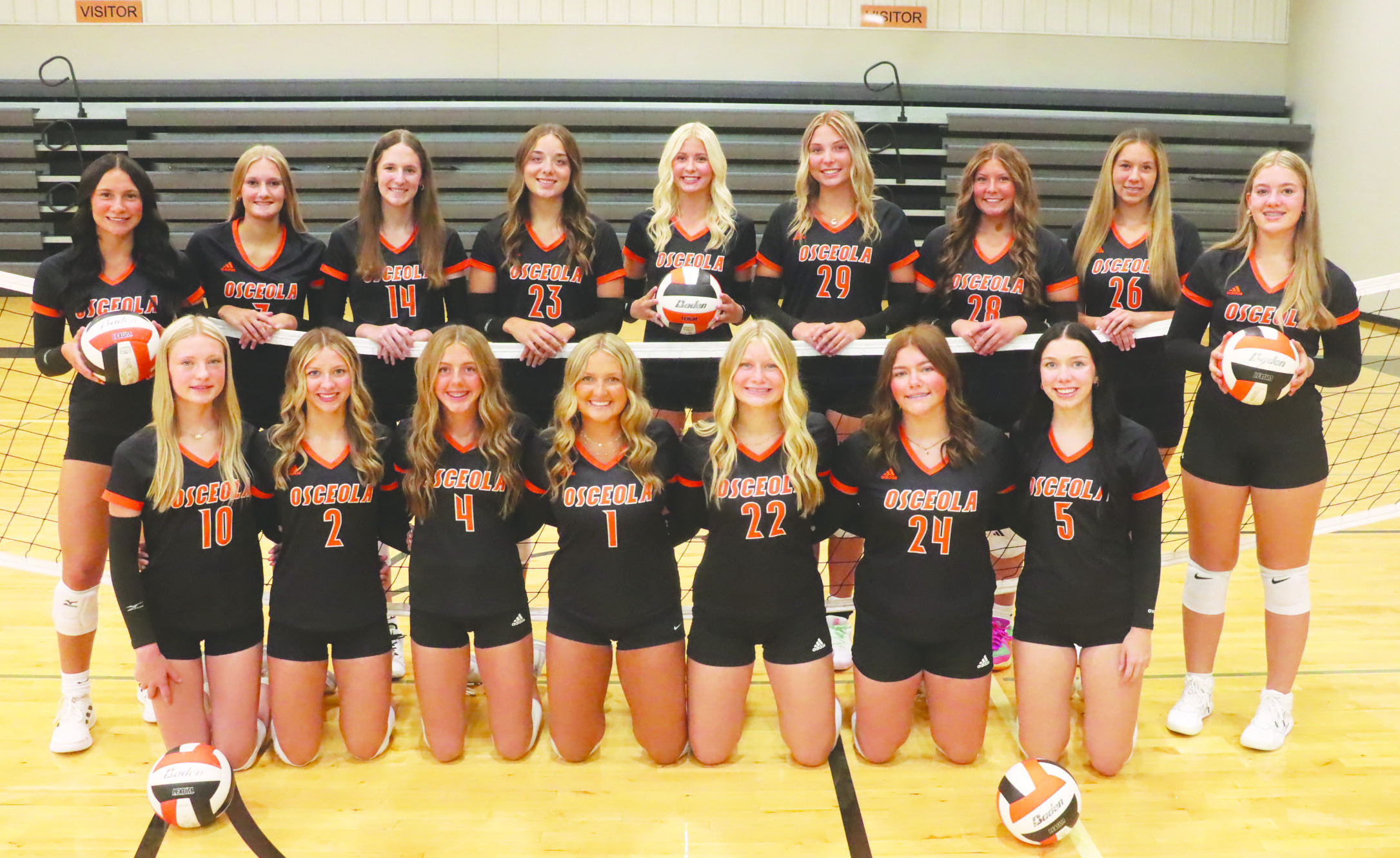 The 2025 Osceola Bulldogs volleyball team includes: front from left-Front Row (L to R): Madison Kula, Halee Peterson, Kalisyn Prososki, Emersyn Prososki, Kinlee Feezell, Allison Carlson, Camryn Peterson. Back row- (L to R): Alexis Burritt, Layla Page, Kimbree Page, Bella Recker, Kenzie Bartling, Graci Conkling, Emily Conkling, Jessalyn Priest, Avelynn Slyter. PCN photo by Ken Kush.