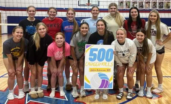 Above: Rylee Ackerson put down her 500th kill Friday against Osceola. She had 70 her freshman year, 136 as a sophomore, 151 as a junior and so far 143 as a senior. 