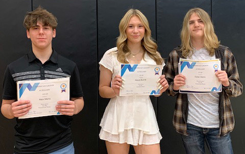 Top: Essay winners are (First place) Alex Merry, (third place) Alexis Burritt, and (second place) Dylan Berry. Bottom: History award winner Jackson Winslow. Photos provided.