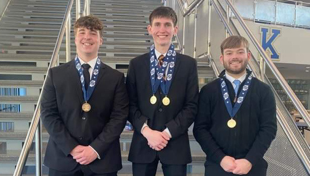 ABOVE: Osceola had two state champions in speech: Hayden Lavaley (middle) in Poetry and Oral Interpretation of Serious Prose, and Matt DeMers (right) in entertainment. Braylon Peterson (left) finished sixth in extemporaneous. BELOW: Ellasyn Pinkelman (Cross County) placed third in humorous. Photos provided.