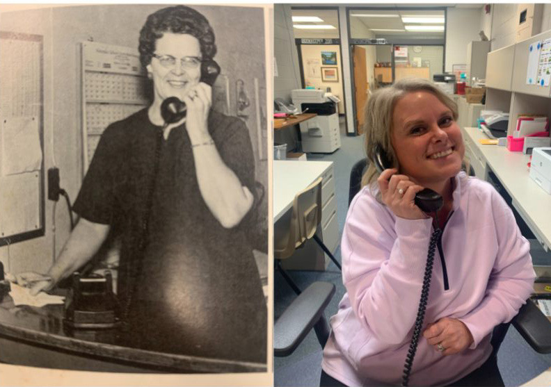 Osceola School has been posting these throwbacks where a current person re-enacts a photo from the past. Here is secretary Chelsey Tonniges (present, right) re-enacting a photo of Mrs. Oberg from 1969 (left). Photo provided.