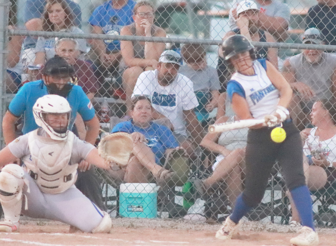 Blue River’s Jayden Hayes connects with this pitch and drives in the first run of the game in the Panthers 4-3 win over the Columbus Lakeview Vikings in David City this past Thursday. PCN photo by Ken Kush.