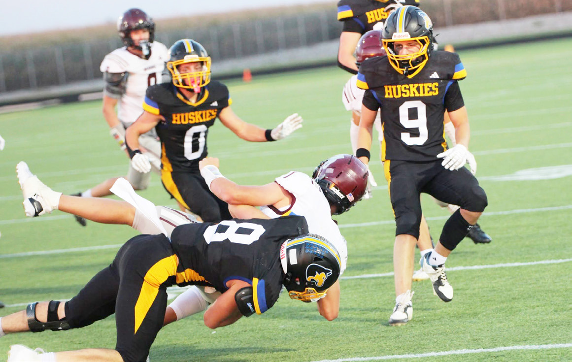 Top-Shelby-RC sophomore Dylan Micek puts the stop on the Neligh-Oakdale ball carrier in the match-up of state rated schools in Shelby. PCN photos by Travis Lane. 