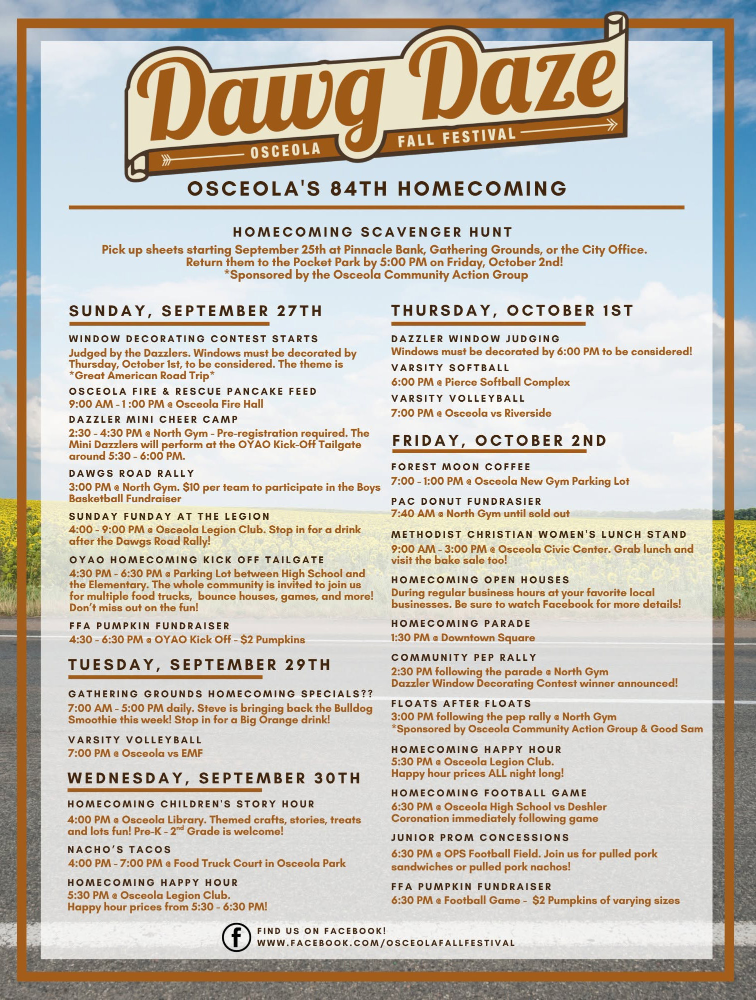 Osceola’s homecoming events start on Sunday, September 27th and go until the game, crowning and dance and Friday October 2nd. Here are the events. Graphic provided.