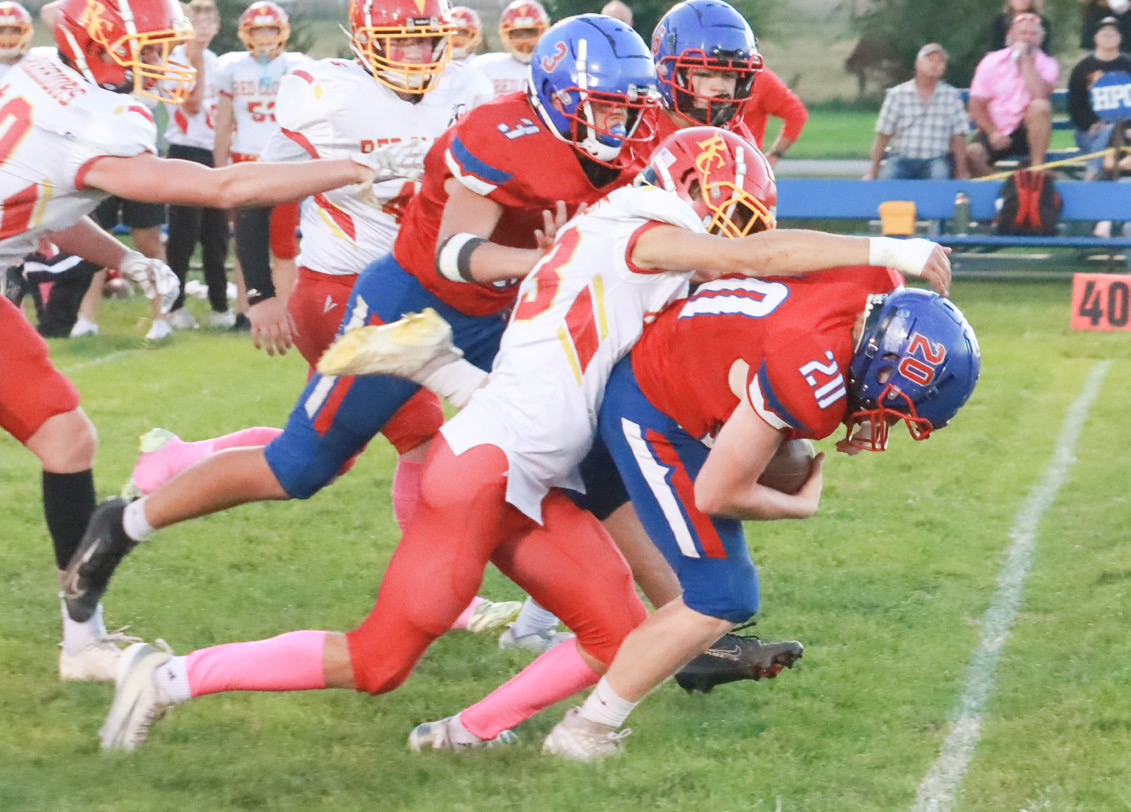 Red Clouds first drive of the night ended near midfield when sophomore Camden Mattox scooped up the Warriors fumble and returned it five yards. PCN photo by Ken Kush.