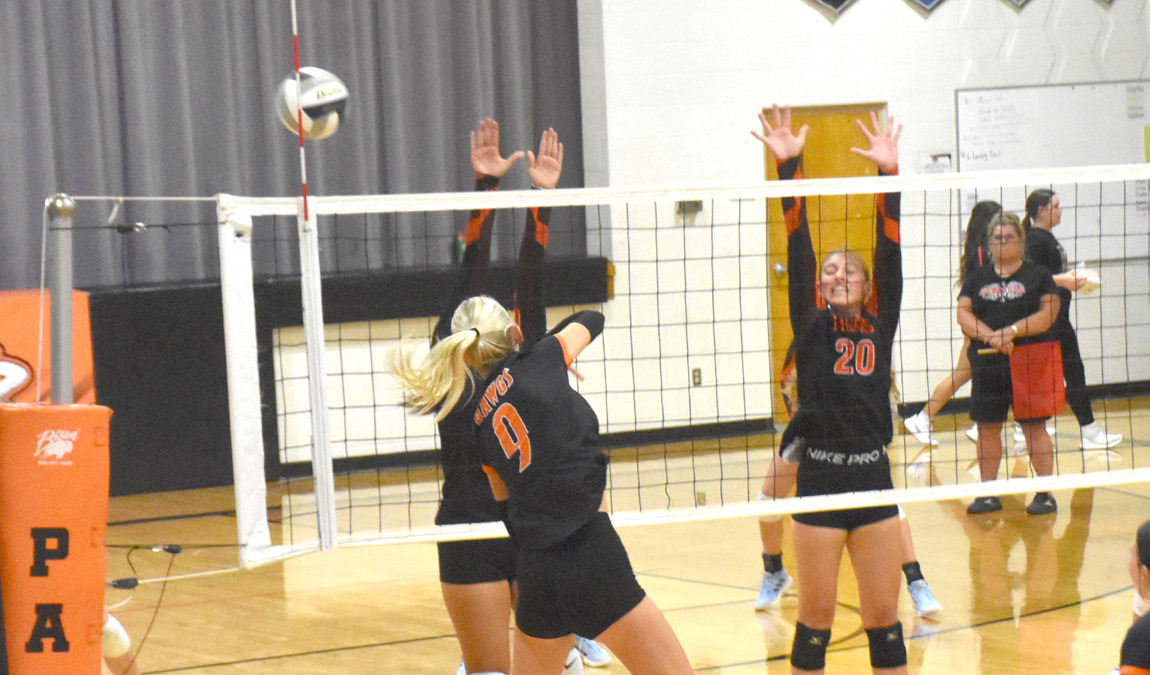 Osceola junior Kenzie Bartling is on the attack against the Palmer front line. Bartling had seven ace serves and seven kills in the Bulldogs win. PCN photo by Beth Sparrow