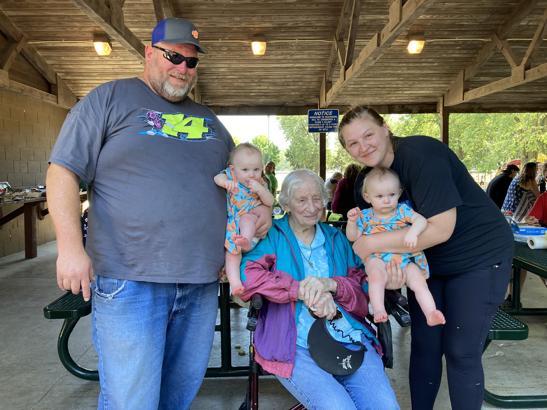 Pictured are the oldest and the youngest! Oldest: Rosella Gabriel and Youngest Callie and Evelyn Smith twin daughters of Jessica Gabriel and Randy Smith, granddaughters of Andy Gabriel. Left to right Andy Gabriel, Callie, Rosella Gabriel, Evelyn, Jessica Gabriel. Photo provided.