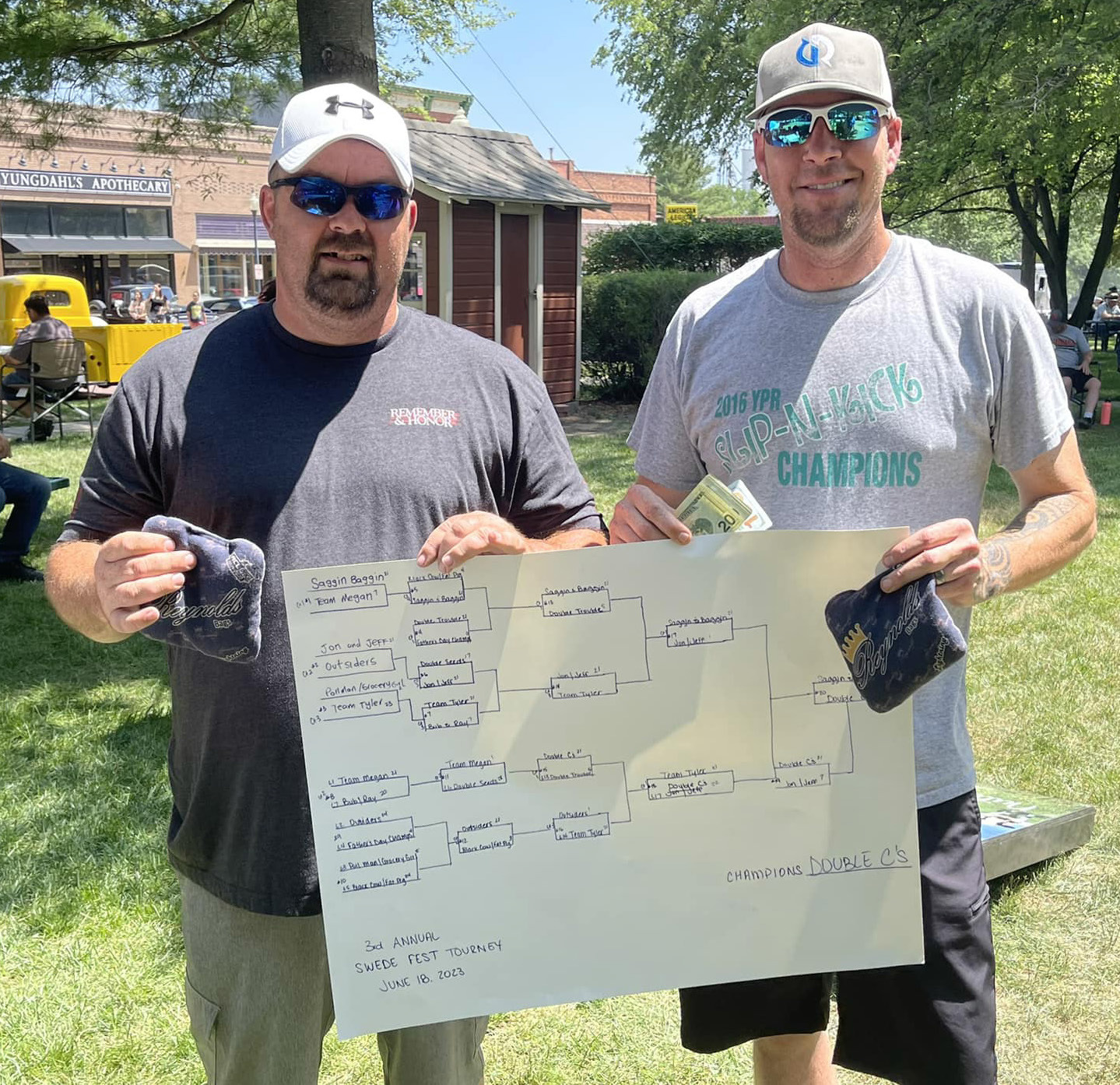 Champions Chris Reynolds and Chris Martin of the third annual Swede Fest Cornhole Tourney 2023! They came back from the losers bracket and took home the cash!! Photo provided.