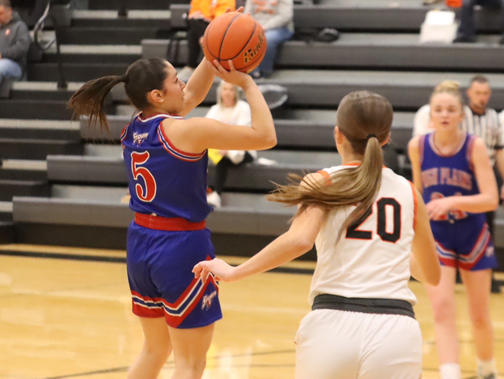 Storm senior Gahvi Lesiak (5) releases the mid-range jumper in the win over Osceola. Lesiak scored 28 against the Bulldogs and 21 in the win over BDS. PCN photo by Ken Kush.
