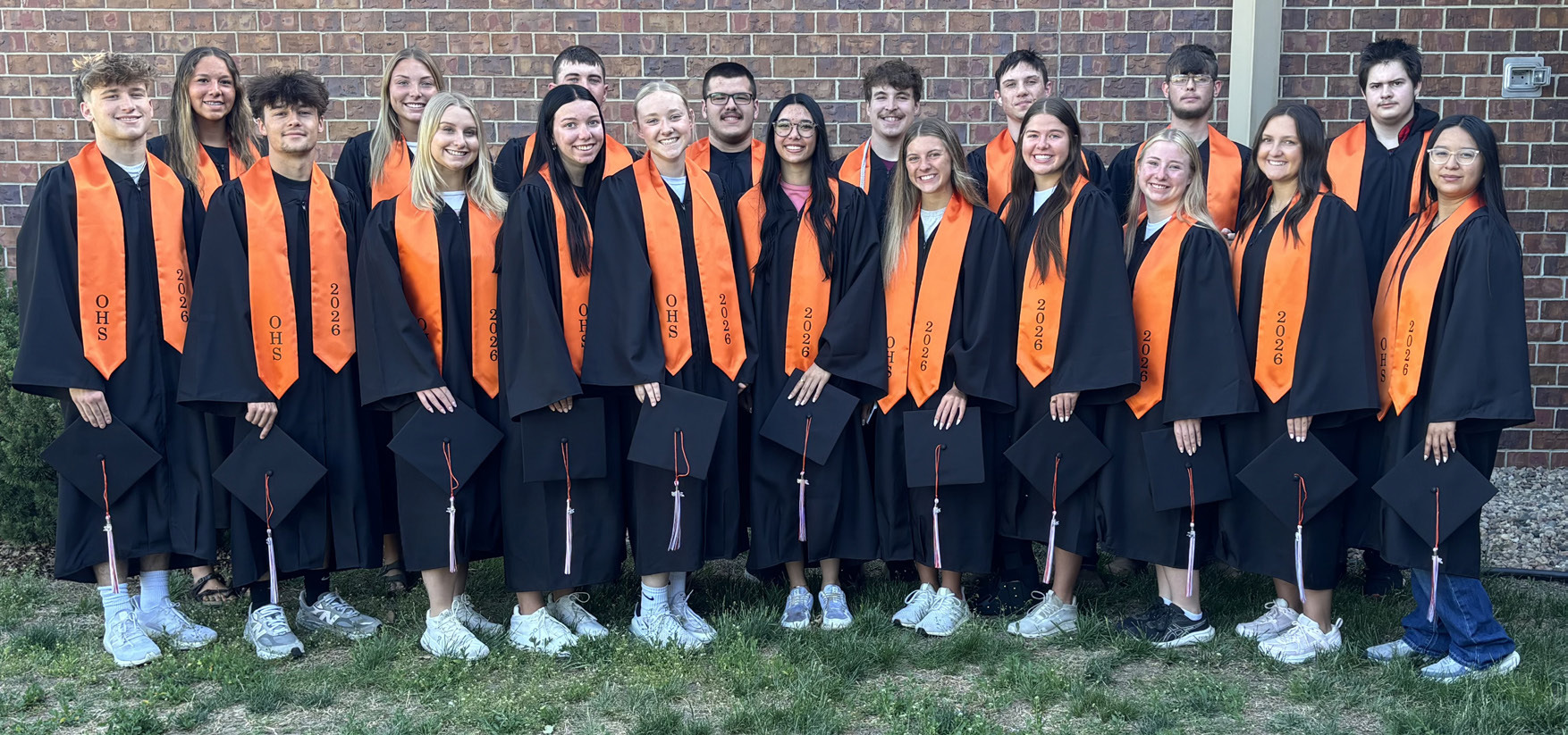Osceola High School Class of 2026 had their commencement exercises on Saturday at 2 p.m. Front from left-Brayden Santos, Taytum Tonniges, Camryn Peterson, Braelyn Winslow, Makailee Pheak, Ella Lemburg, Addison Theis, Kierra Rutter, Emersyn Prososki, Rihanna Ortiz. Back row- Aden Feezell, Jessalyn Priest, Graci Conkling, Tanner Yungdahl, Brenden Gabel, Braylon Peterson, Alex Anderson, Dameun Lee and Juzten Ebert. Photo provided.