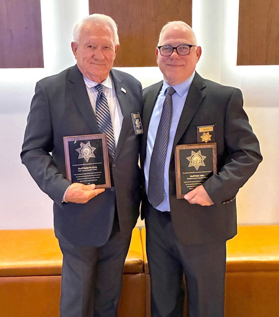 On Tuesday, October 7th, two sheriffs were inducted into the Nebraska Sheriff’s Hall of Fame. On the left is our own Polk County Sheriff, Dwaine Ladwig and on the right is Neil Miller, Buffalo County Sheriff and son of Allen and Roslyn Miller of Osceola. Photo provided.