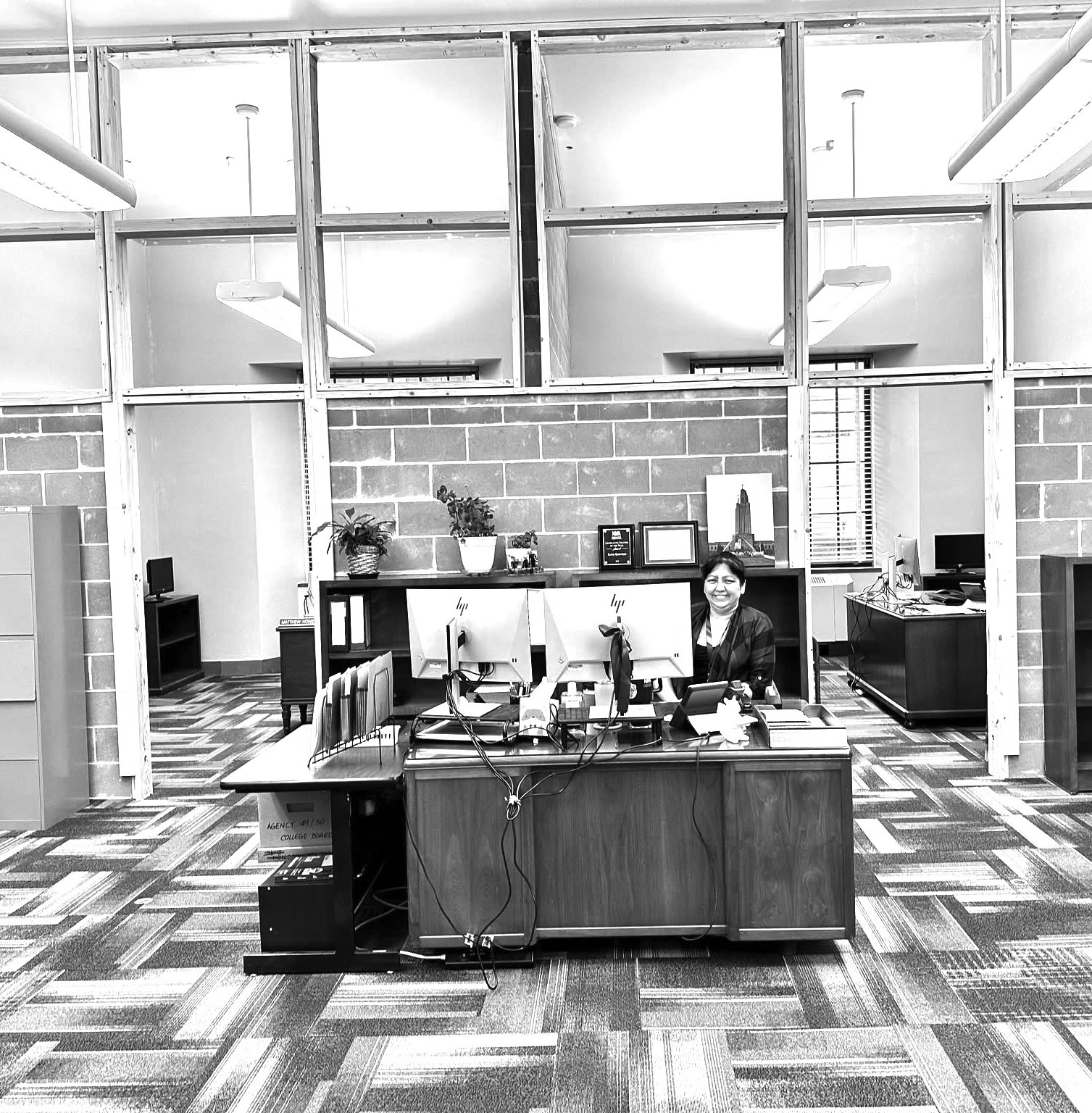 District 24 office is under construction with exposed framing, cinderblock walls and carpet squares. Photo provided by Jana Hughes office.